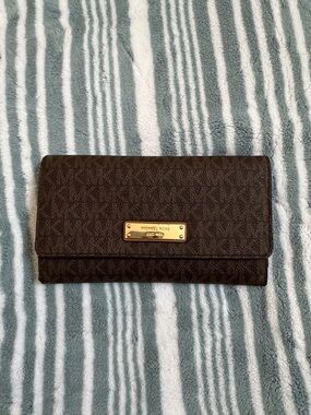 Michael Kors Dark Brown Logo Continental Wallet with Gold Plaque